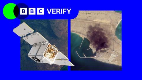 A promo image showing a satellite imposed over images taken by Planet Labs of an attack on an Iranian naval port. In the attack image, smoke can be seen rising from the base.