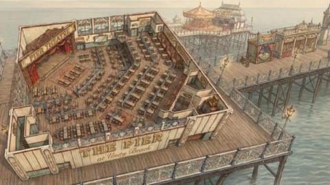An AI image of what part of the Brean Leisure Park revamp would look like. A birds eye view of a building on a pier that doesn't have a roof, so you can see inside, can be seen. There is seating within the building facing a stage in what is named the "pier theatre"