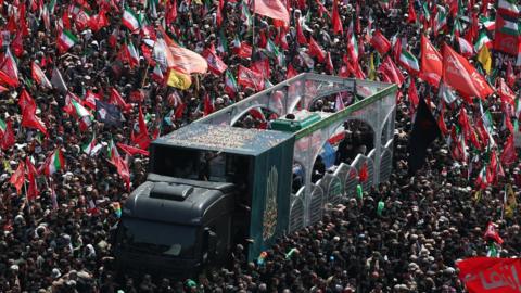 Iranians take part in the funeral procession for the late Iranian Supreme Leader Ayatollah Ali Khamenei in Tehran, Iran (6 July 2026)