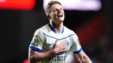 Portsmouth's Terry Devlin celebrates scoring his second goal in the 3-1 win at Charlton