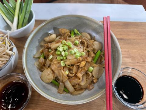 Ho Fun noodles with fish balls.