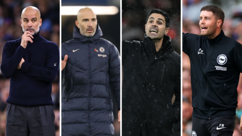 Split picture of Manchester City boss Pep Guardiola, Chelsea manager Enzo Maresca, Arsenal boss Mikel Arteta and Brighton manager Fabian Hurzeler