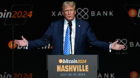 Republican presidential nominee and former U.S. President Donald Trump gestures at the Bitcoin 2024 event in Nashville, Tennessee, U.S., July 27, 2024.