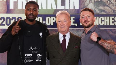 Whakiel Thompson (left) and Brad Pauls (right) stand in-between Frank Warren (centre)