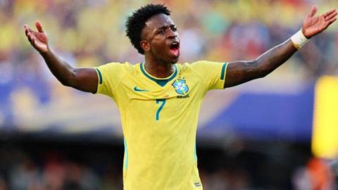 Brazil's Vinicius Jr celebrates scoring against Morocco at the World Cup