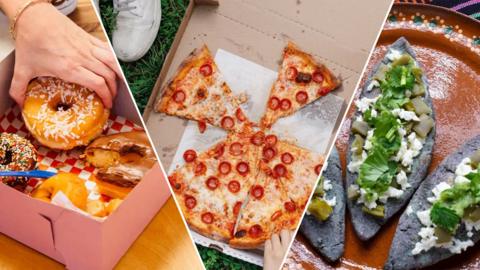 Splitimage of dounts in a pink box (left), pepperoni pizza (middle) and Tlacoyo (right)