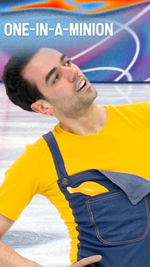 Tomas-Llorenc Guarino Sabate skates in yellow t-shirt and denim overalls with a banana printed on the pocket.