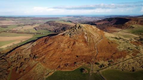 The aerial view of Roseberry Topping which is covered in orange-looking plants. Paths can be seen going up the side and fields can be seen in the distance.