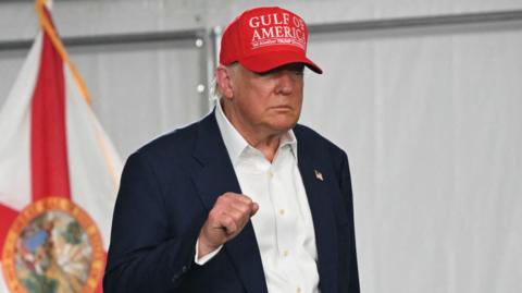Donald Trump wears a navy suit, white shirt and red hat saying 'Gulf of America'
