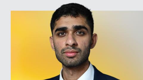 BBC Sport Liverpool reporter Aadam Patel against a yellow background