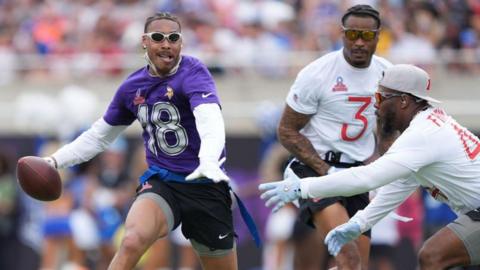Justin Jefferson running with the ball during a flag football game at the NFL Pro Bowl Games in 2025