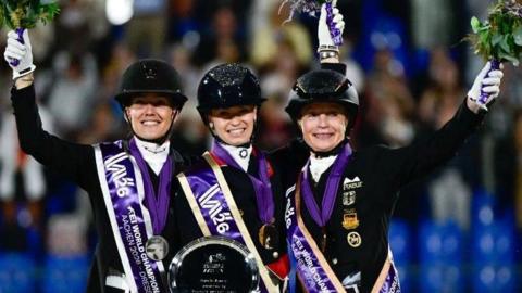 Cathrine Laudrup-Dufour, Charlotte Fry and Isabell Werth on the podium at the 2026 FEI World Championships