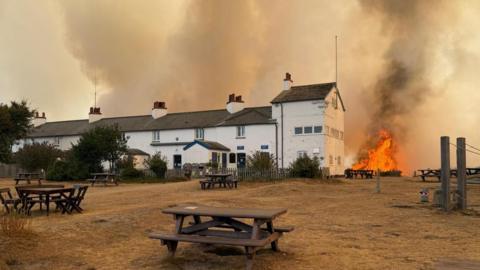 House with fire behind it