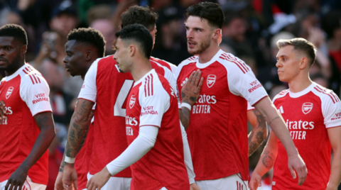 Declan Rice celebrates scoring for Arsenal against Newcastle