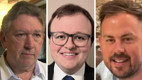 Individual headshots of three men side by side in a composite image. On the left, one has greying hair and light eyes, wearing a white dress shirt as he looks off camera with no expression on his face. In the centre, another smiles into the camera, with dark hair and eyes, wearing glasses and a suit. On the right, the third smiles into the camera, with light hair and eyes and a beard.