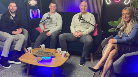 L-R: Guests Alex Cuthbert, Jonathan Davies and Tom Shanklin with host Lauren Jenkins (R) 