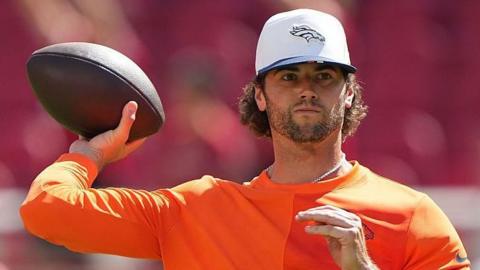 Jarrett Stidham of the Denver Broncos warms up prior to the 2025 pre-season game at the San Francisco 49ers