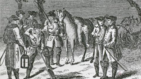 A sketch depicting an incident in 1748 a man digging a hole to bury another man, who is lying across a horse's back, alive. There is also several men armed with swords and holding oil lamps watching the incident.