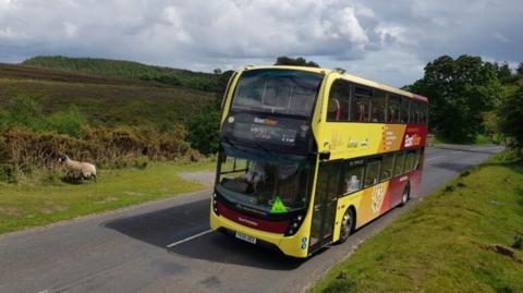 The yellow and red coloured double decker bus in on a country road heading up to the hills.  A sheep on the left is walking away from it.
