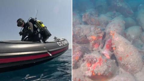A split image of a diver and Roman pottery in the sea.