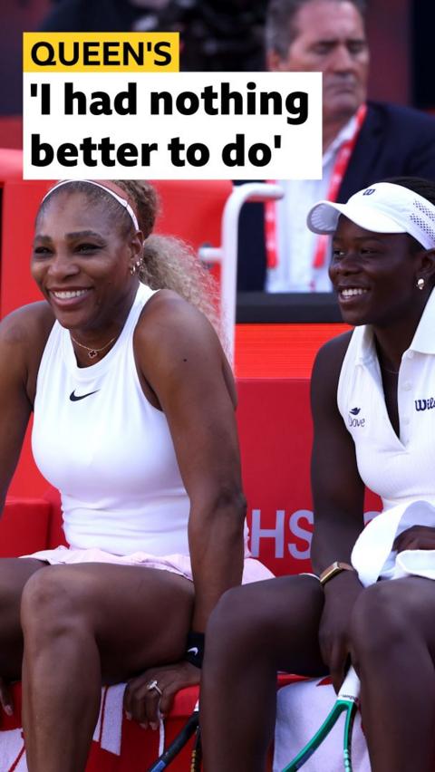 Serena Williams and Victoria Mboko sit on chairs and smile together