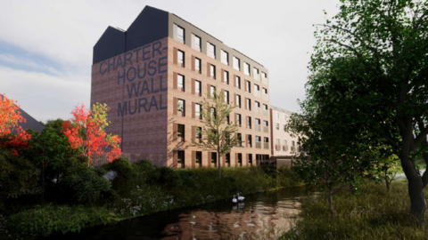 A CGI image of a brick six-storey building next to a water way surrounded by greenery