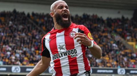 Bryan Mbeumo celebrating scoring a goal for Brentford last season.