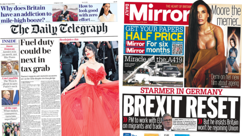 Daily Telegraph and Daily Mirror front pages for Thursday 29 August