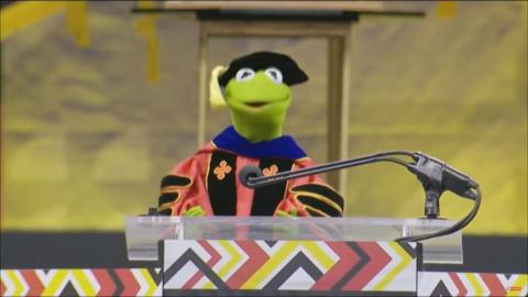 Kermit the Frog wearing a cap and a gown