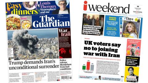 A composite of the front pages of the Guardian and the i Paper on 7 March 2026.