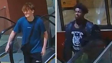 Two CCTV still images showing a boy with red hair on the left wearing glasses, a blue baggy T-shirt and black shorts while on the right there is a man with black hair wearing a black jacket over a black T-shirt with a white design 