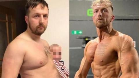 An after and before image of a man who was once out of shape and is now muscular