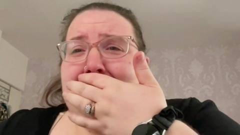 Mum-of-three Olympia is tearful as she talks about her finances