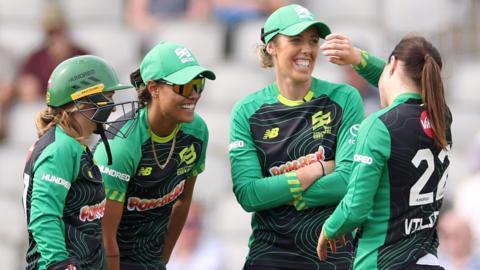 Southern Brave players celebrate a wicket