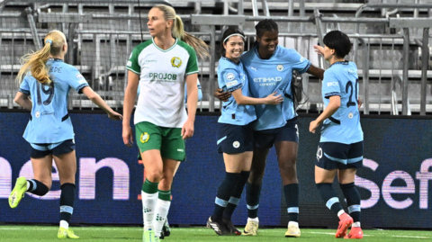 Khadija Shaw celebrates with her team-mates after scoring against Hammarby in the Women's Champions League