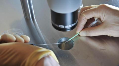 A close-up image of a laboratory setting where two gloved hands are manipulating a thin wire or fiber under a microscope. One hand is holding the wire with tweezers, while the other hand is using a green tool to position it. The microscope lens is visible above the work area, and there are some small laboratory tools and containers on the metallic surface