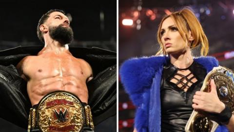 A composite image showing two professional wrestling champions. On the left, a muscular male individual with a black, long beard is opening a black jacket to reveal a bare chest and a large gold WWE championship belt around the waist. On the right, a ginger haired woman is wearing a black outfit with a crisscross design on the chest and a bright blue fur-like jacket, holding a gold championship belt over the shoulder. Both are in a brightly lit arena setting with blurred lights in the background.