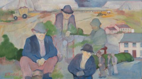A painting showing four larger figures and three smaller ones against a background which includes white hills and trucks