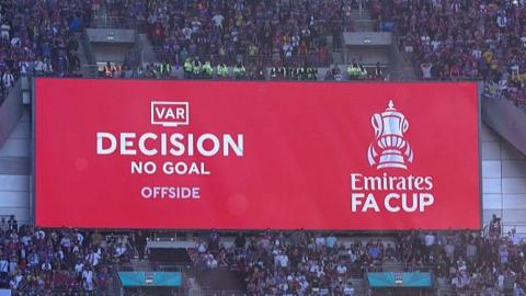 VAR display screen at the FA Cup final reads 'decision no goal, offside'