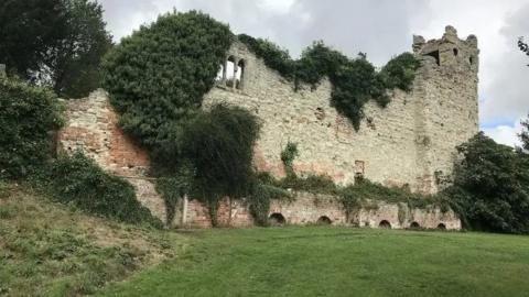 A large ruined castle wall sits on a nearly mown field, with huge amounts of Ivy growing out of its brickwork. The remains of a watchtower are visible at one end. 