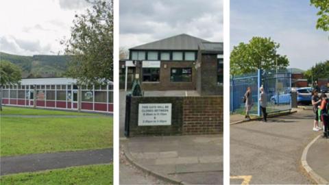 An image showing the front gates of three of the primary schools which will be sharing the money, taken using Google Street View.