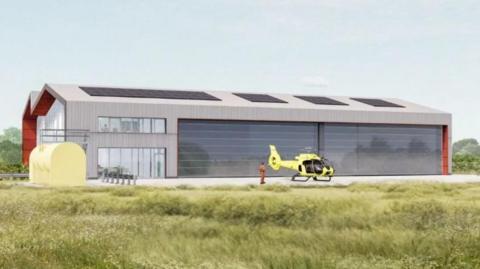 An artist's impression of the new Yorkshire Air Ambulance base shows a large rectangular building with solar panels and large glass shutters. In front of the building is a man wearing orange and a yellow helicopter.