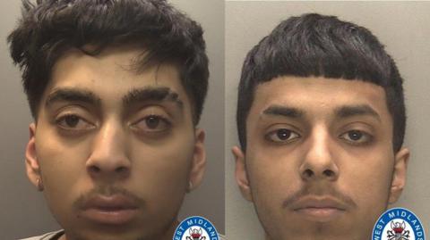 A side by side mugshot of two men, both have black hair, black moustaches and slits in their eyebrows. 