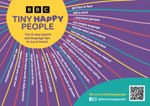 Tiny Happy People poster with strategies and tips for language development at home.