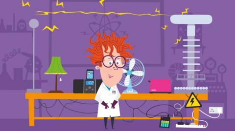 Cartoon image of a scientist in a lab with various electrical appliances on a table behind them
