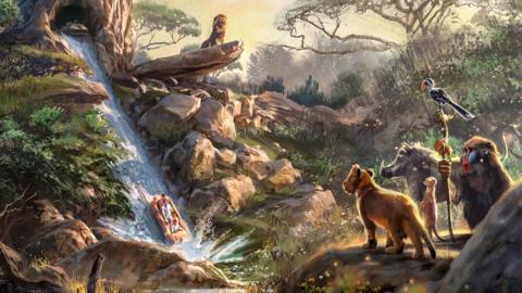 Classic Lion King characters are seen observing people plunging down a flume ride in an artists impression of the new attraction