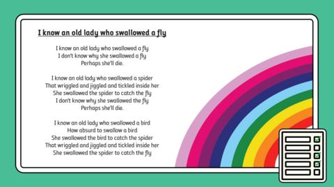 Cartoon rainbow with title and first verses from I know an old lady who swallowed a fly.