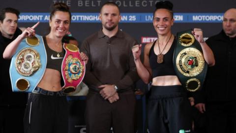 Ellie Scotney smiles as she poses for pictures alongside Mea Motu at a weigh-in