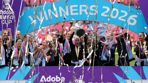 Alex Greenwood lifts the FA Cup with Winners 2026 banner in background