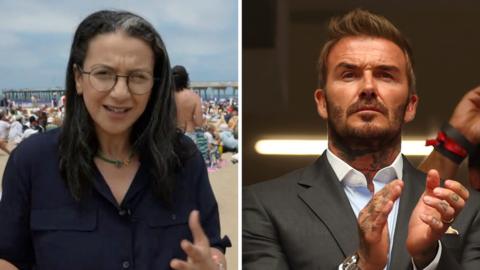On the left, a woman in a black shirt; on the right, a man in a grey suit.